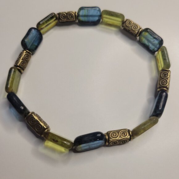 NWT Mens Olivine Picasso Premium Czech Glass Table Cut Bead Stretch Bracelet USA - Picture 1 of 11